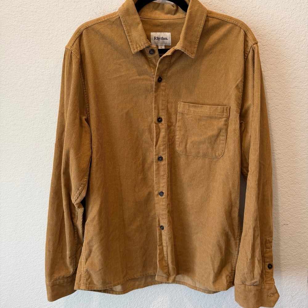 Rhythm Mens Corduroy Long Sleeve Button Down Shirt Mustard Tan Large